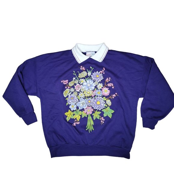 Vintage Sweaters Vintage Grandmacore Landnsea Purple Floral Collard